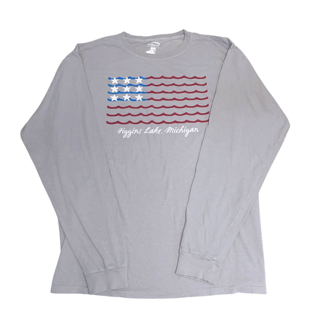 Long Sleeve Higgins Lake American Flag Print